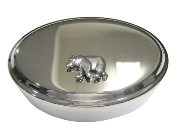 Silver Toned Walking Bear Oval Trinket Jewelry Box