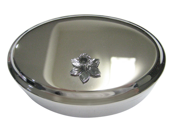 Silver Toned Welsh Daffodil Flower Oval Trinket Jewelry Box