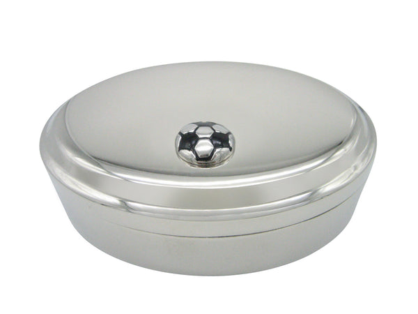 Silver and Black Soccer Ball Pendant Oval Trinket Jewelry Box