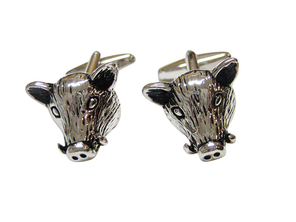 Silver and Black Toned Pig Boar Head Cufflinks