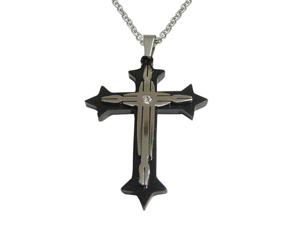 Silver and Black Toned Spokey Religious Cross Pendant Necklace