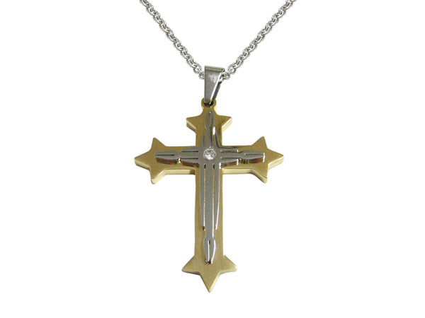 Silver and Gold Toned Spiky Religous Cross Pendant Necklace