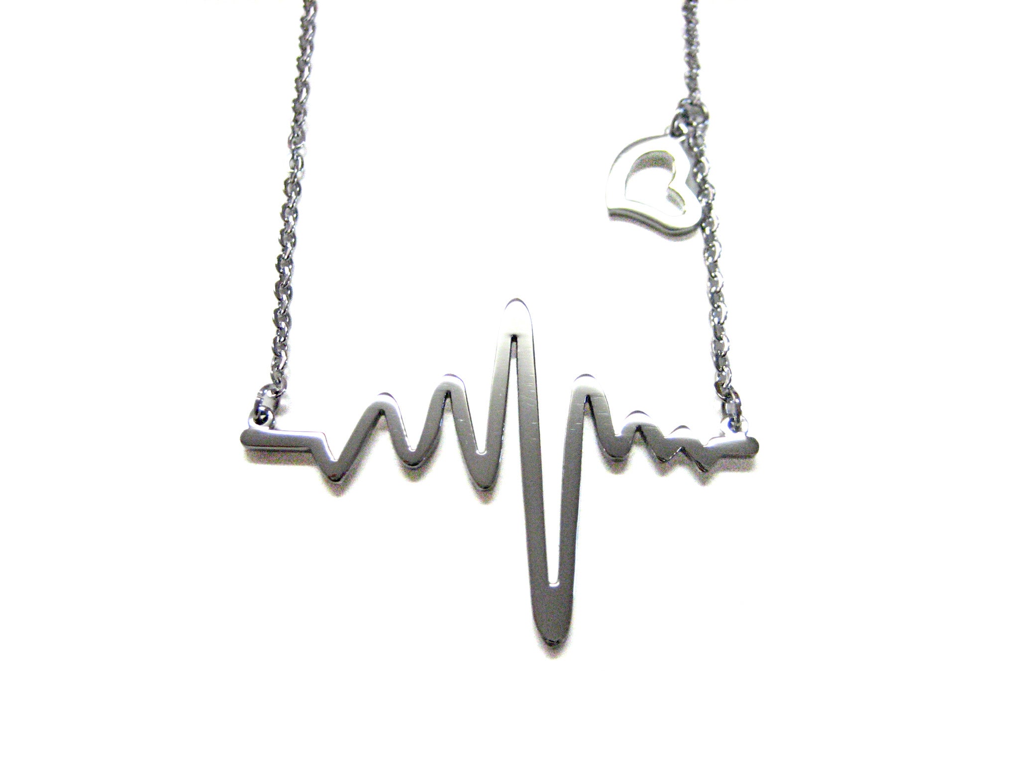 Silver Toned Heart Rhythm EKG Pendant Necklace
