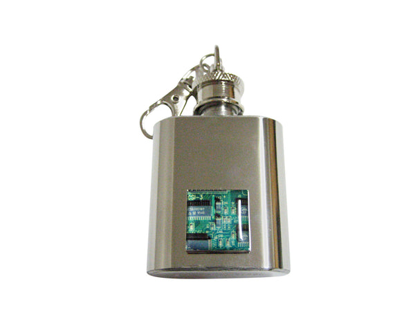 Square Green Computer Circuit Design 1 Oz. Stainless Steel Key Chain Flask