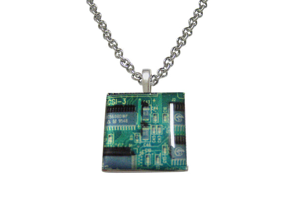 Square Green Computer Circuit Pendant Necklace