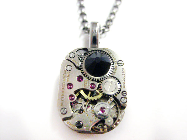 Square Steampunk Watch Gear Pendant Necklace with Black Swarovski Crystals