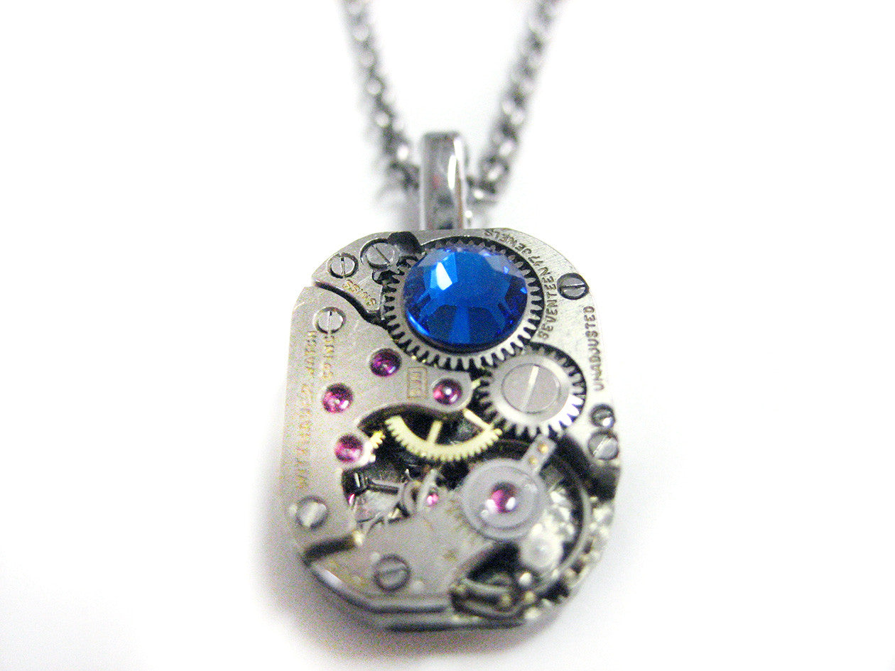 Square Steampunk Watch Gear Pendant Necklace with Blue Swarovski Crystals