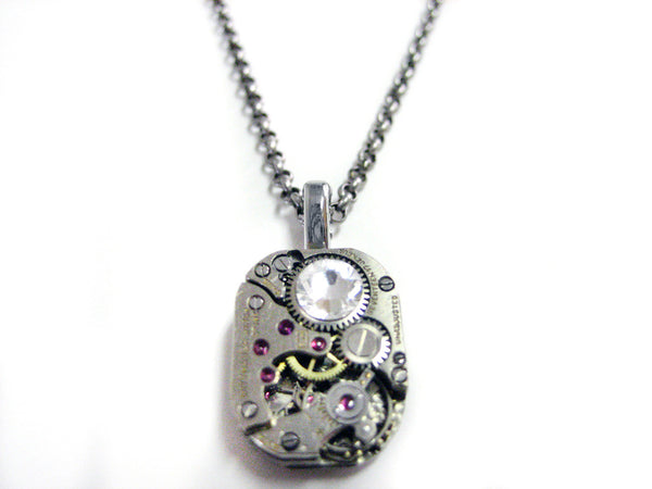 Square Steampunk Watch Gear Pendant Necklace with Clear Swarovski Crystals