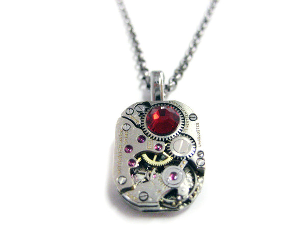 Square Steampunk Watch Gear Pendant Necklace with Red Swarovski Crystals