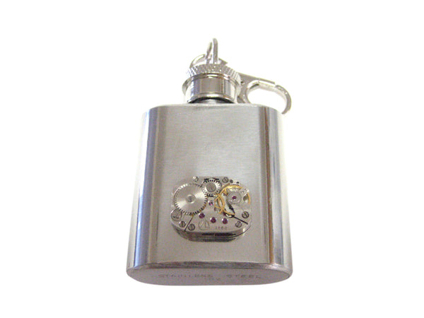 1 Oz. Stainless Steel Key Chain Flask with Steampunk Rectangular Watch Gear P...