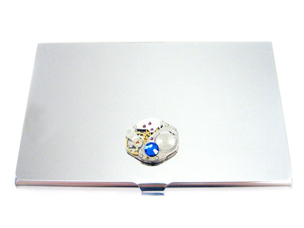 Steampunk Watch Gear Business Card Holder with Blue Swarovski Crystal
