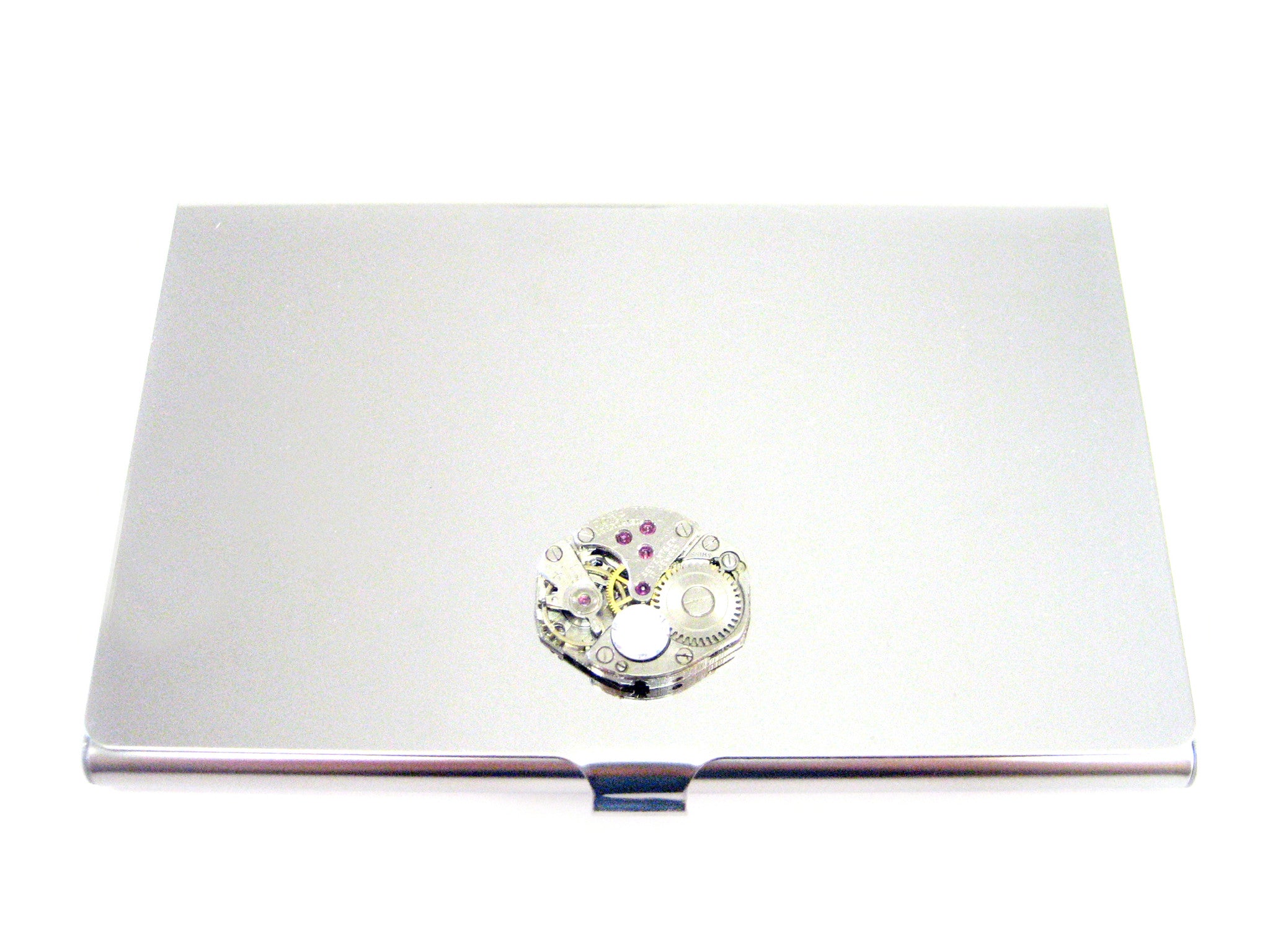 Steampunk Watch Gear Business Card Holder with Clear Swarovski Crystal