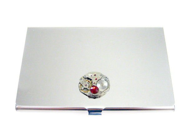 Steampunk Watch Gear Business Card Holder with Red Swarovski Crystal