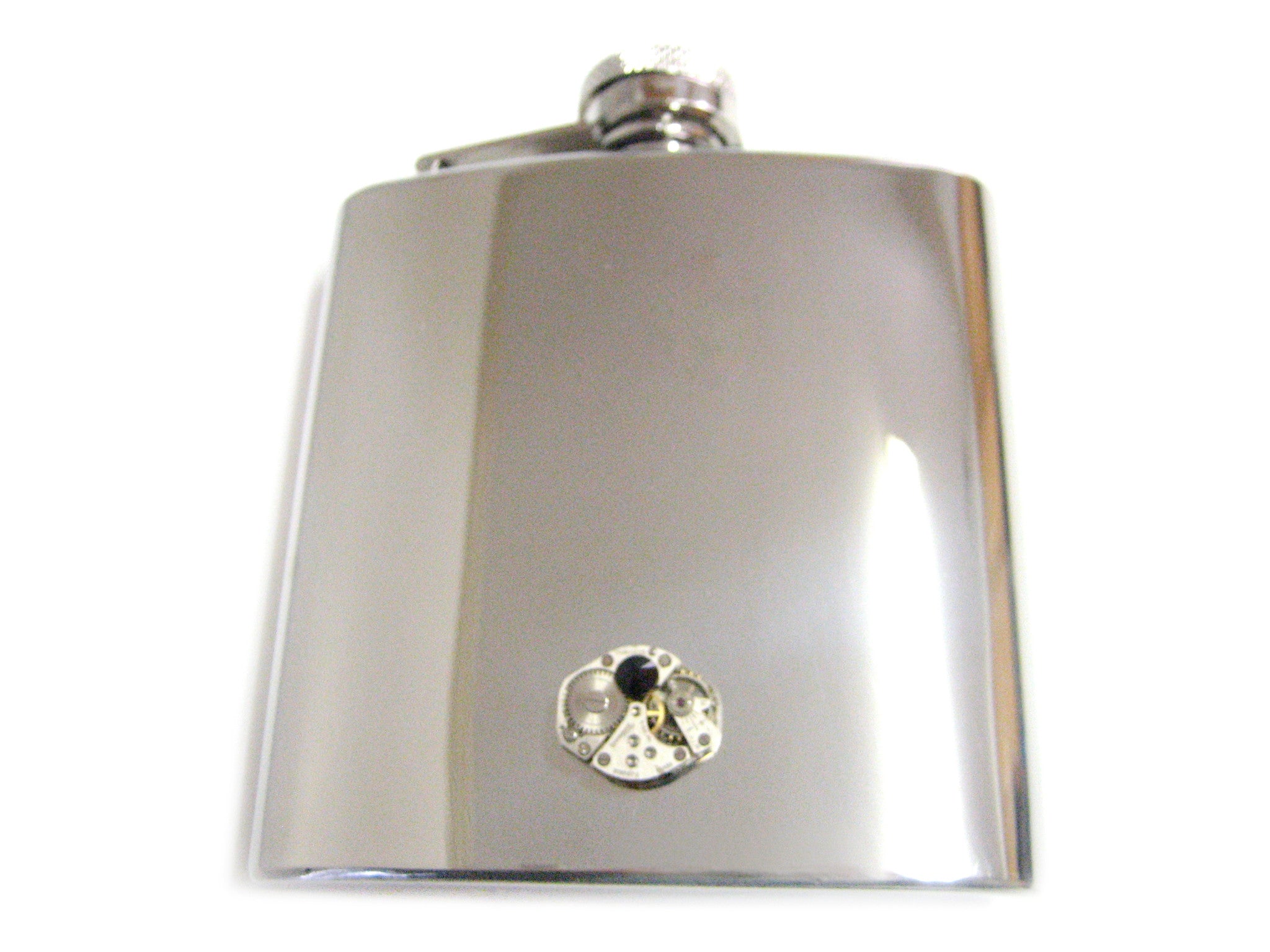 6 Oz. Stainless Steel Flask with Steampunk Watch Gear Pendant and Black Swarovski Crystal