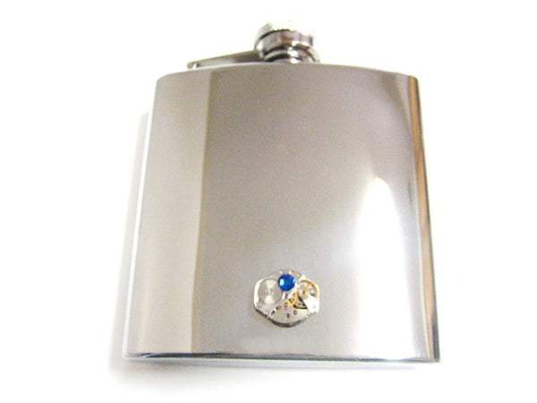 6 Oz. Stainless Steel Flask with Steampunk Watch Gear Pendant and Blue Swarovski Crystal