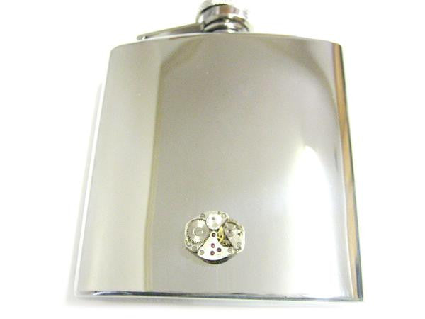 6 Oz. Stainless Steel Flask with Steampunk Watch Gear Pendant and Clear Swarovski Crystal