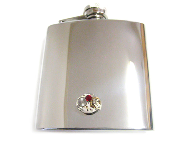6 Oz. Stainless Steel Flask with Steampunk Watch Gear Pendant and Red Swarovski Crystal