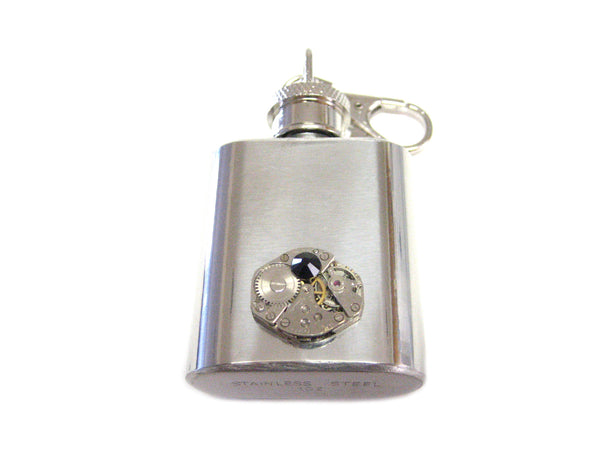 1 Oz. Stainless Steel Key Chain Flask with Steampunk Watch Gear Pendant and Black Swarovski Crystal