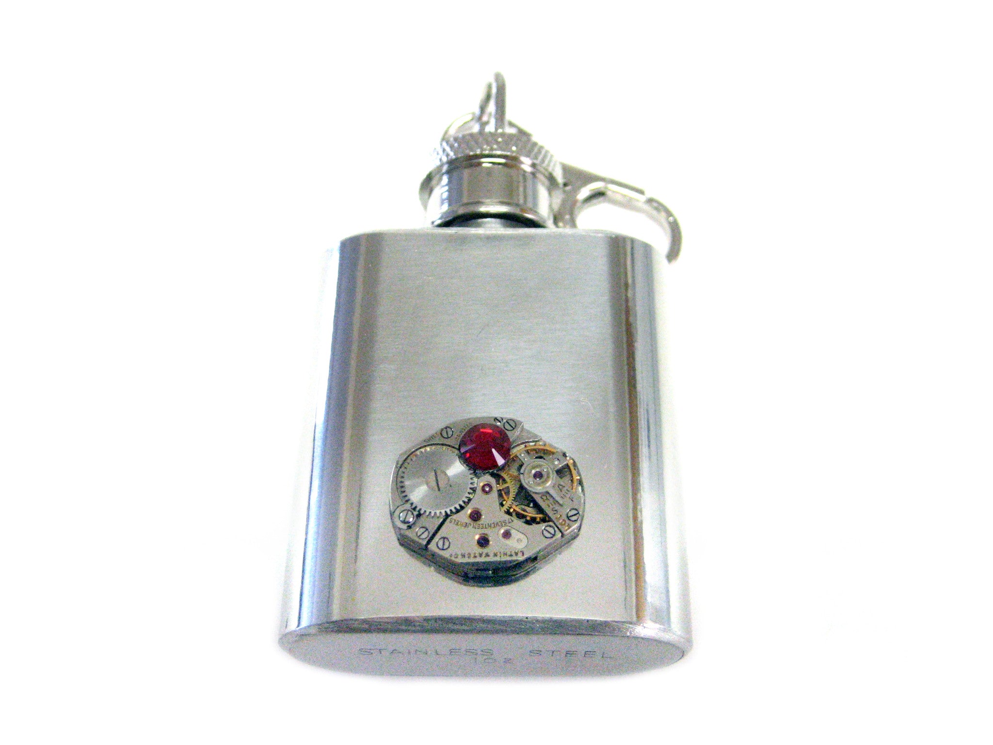1 Oz. Stainless Steel Key Chain Flask with Steampunk Watch Gear Pendant and Red Swarovski Crystal