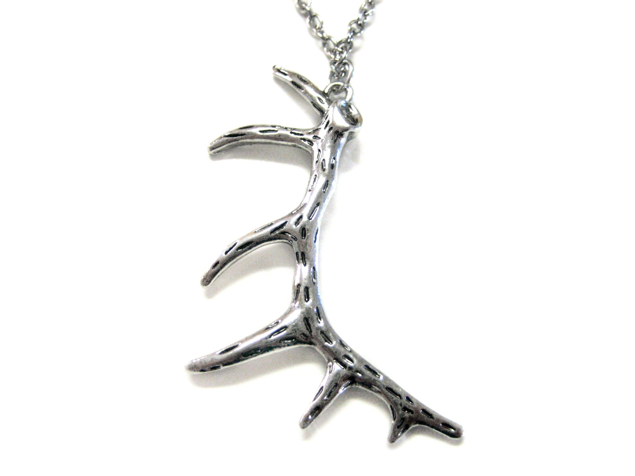 Silver Toned Textured Deer Antler Necklace