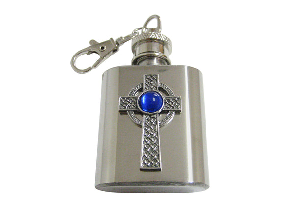 Textured Large Celtic Cross with Blue Center 1 Oz. Stainless Steel Key Chain Flask