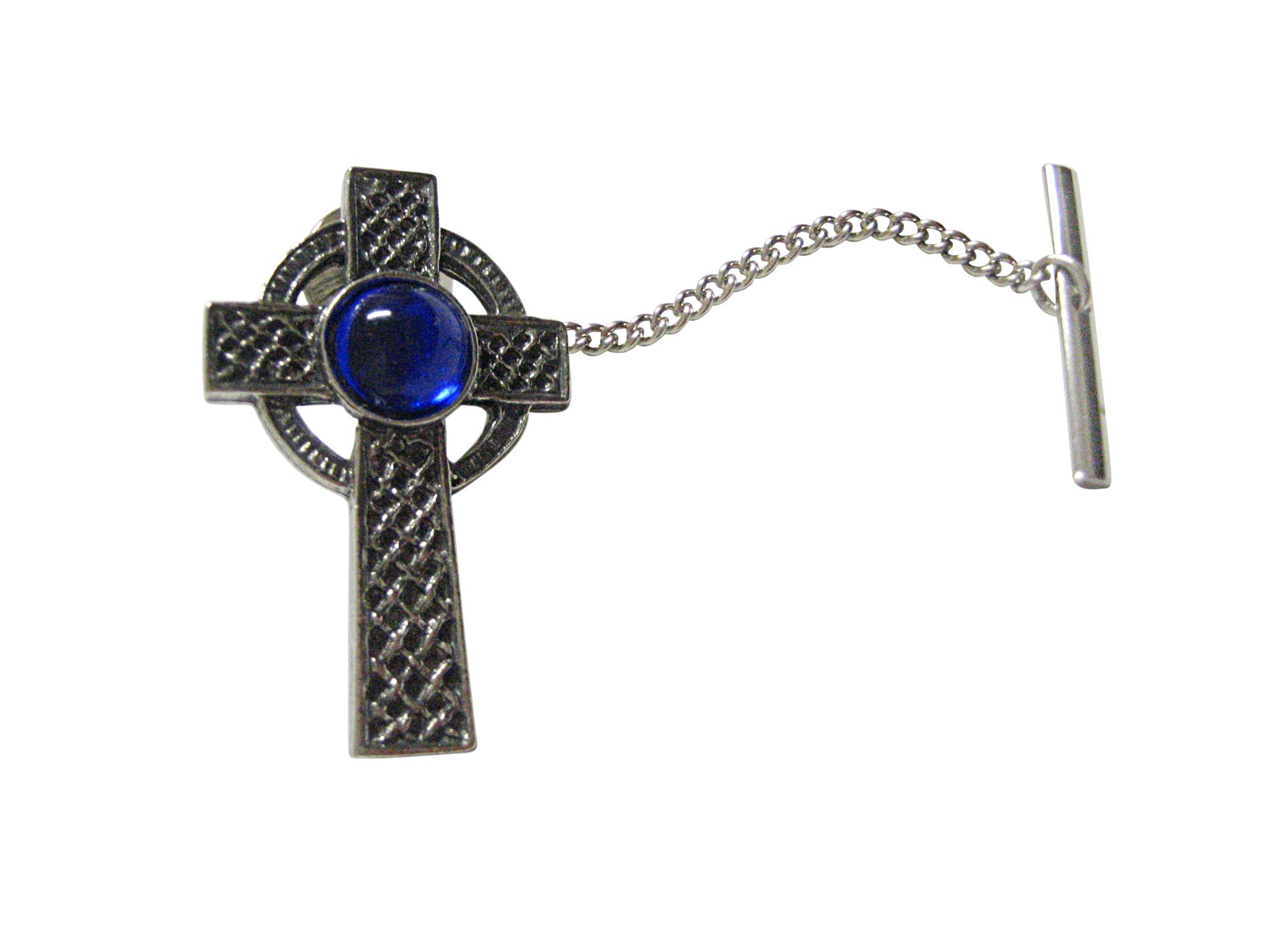 Textured Large Celtic Cross with Blue Center Tie Tack
