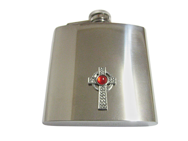 Textured Large Celtic Cross with Red Center 6 Oz. Stainless Steel Flask