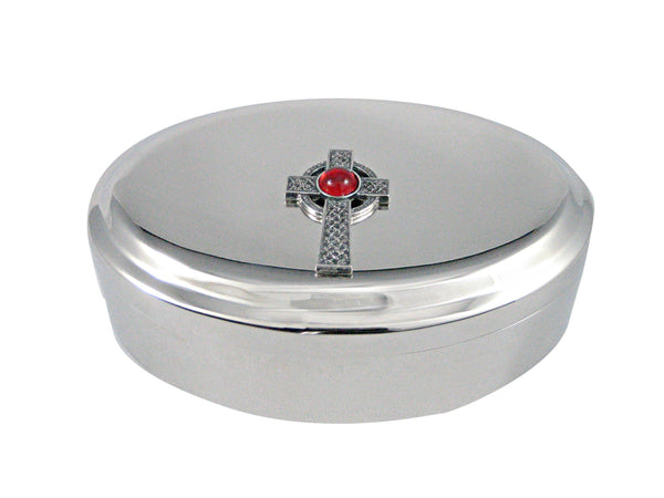 Textured Large Celtic Cross with Red Center Pendant Oval Trinket Jewelry Box