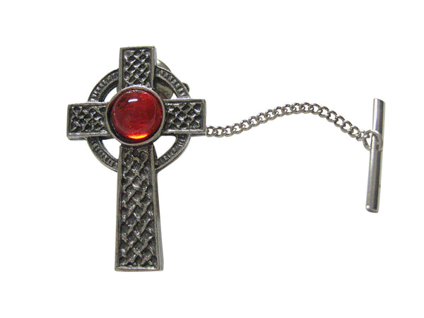 Textured Large Celtic Cross with Red Center Tie Tack