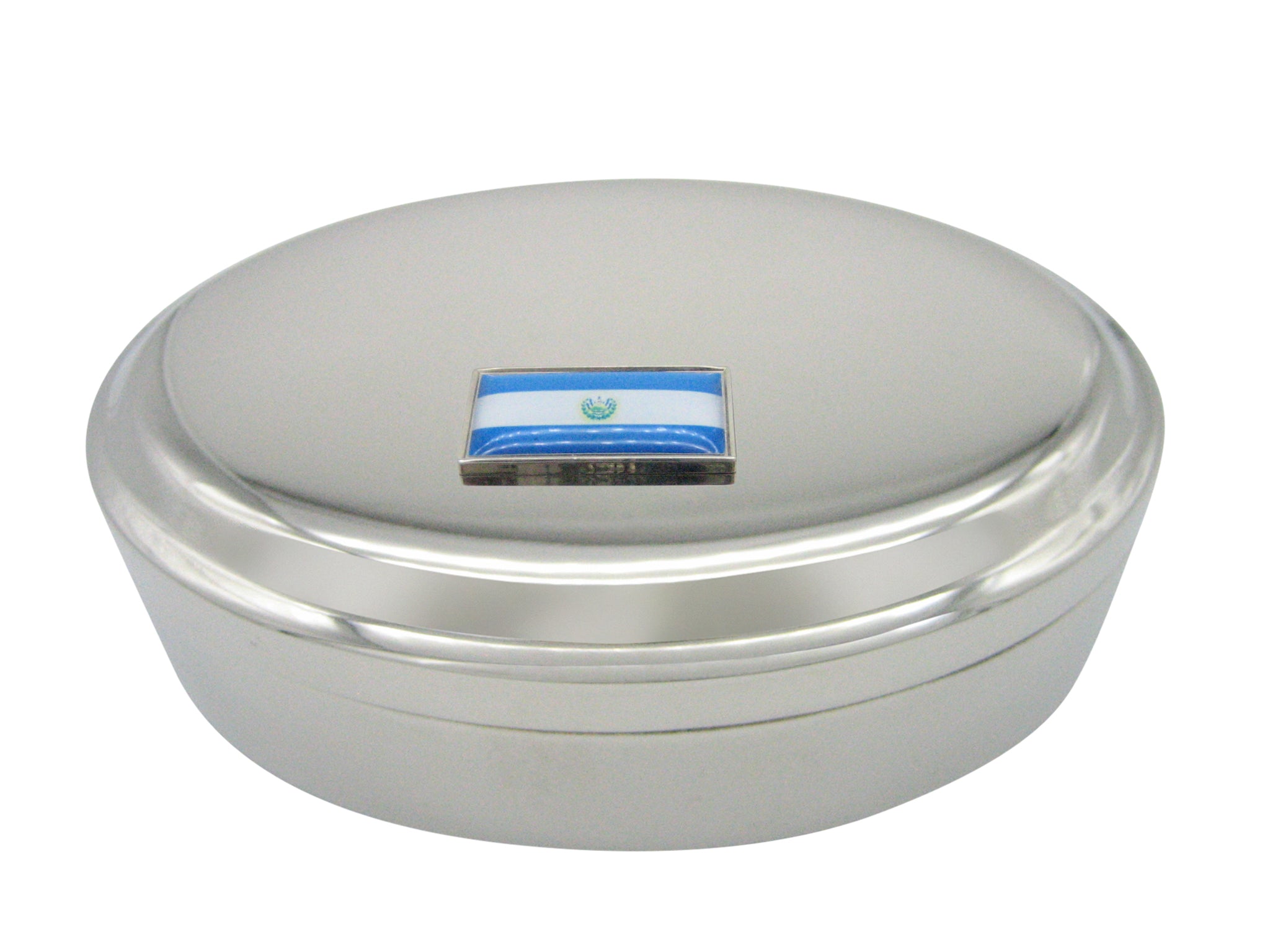 Thin Bordered El Salvador Flag Pendant Oval Trinket Jewelry Box