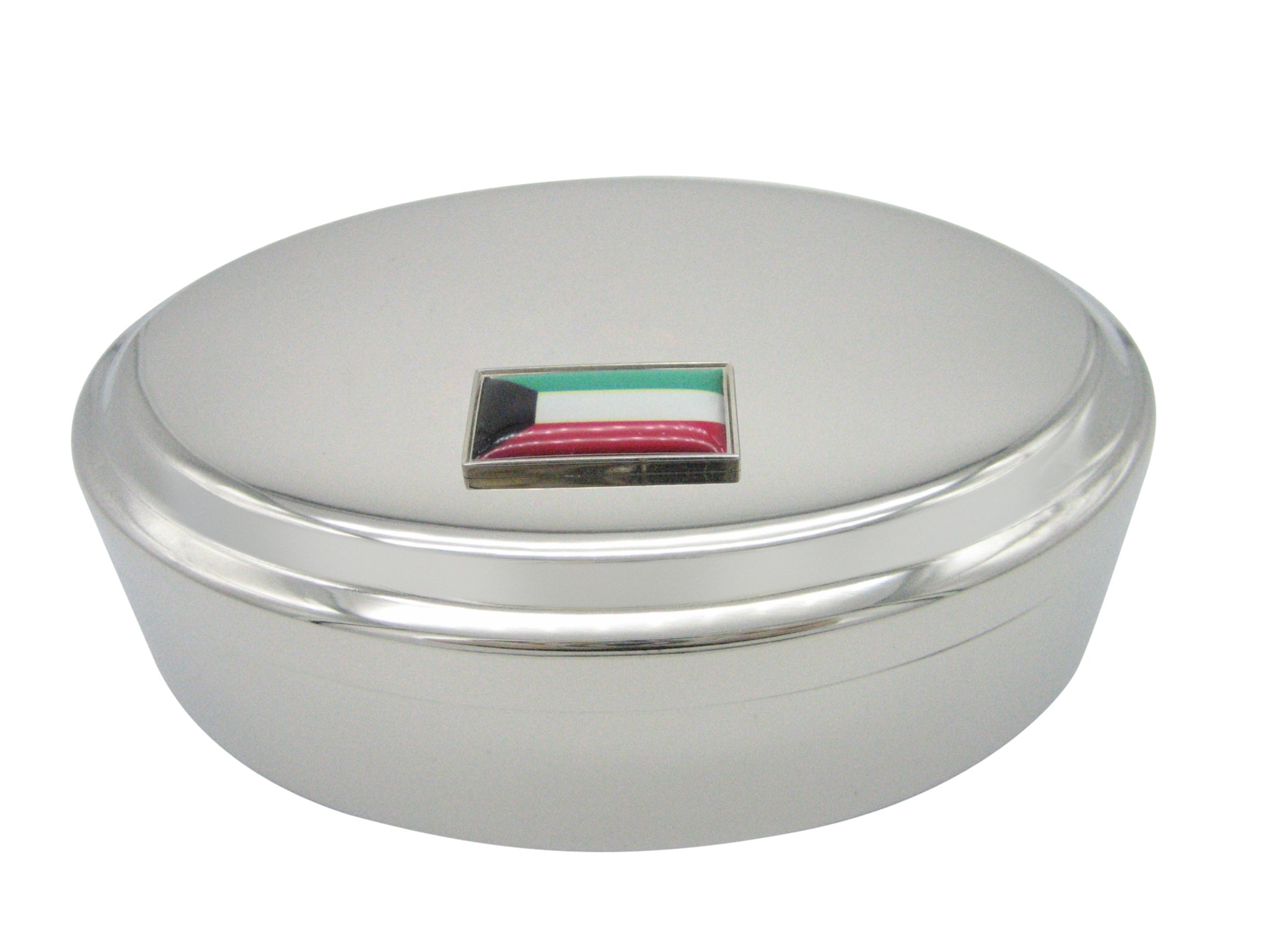 Thin Bordered Kuwait Flag Pendant Oval Trinket Jewelry Box