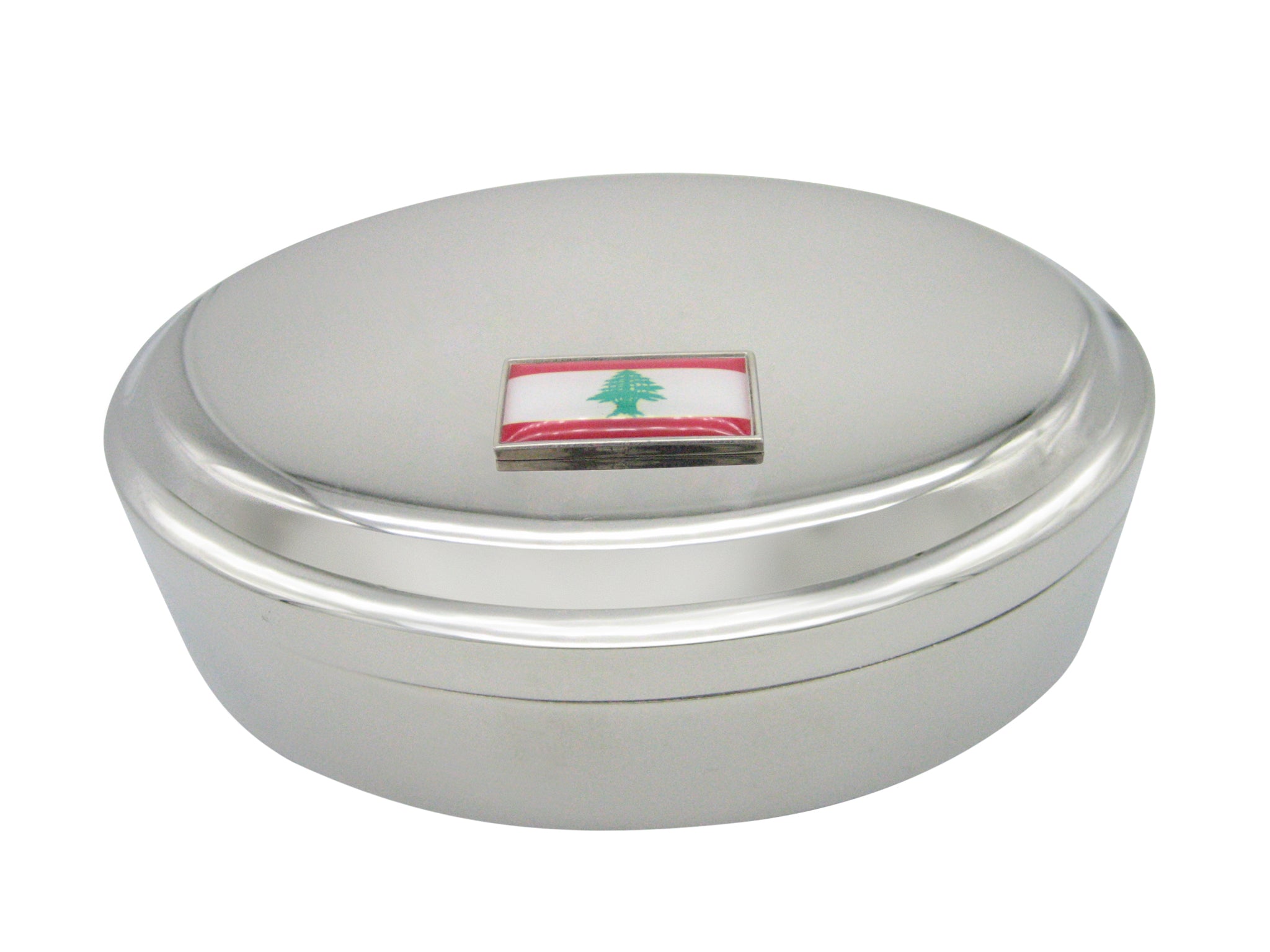 Thin Bordered Lebanon Flag Pendant Oval Trinket Jewelry Box