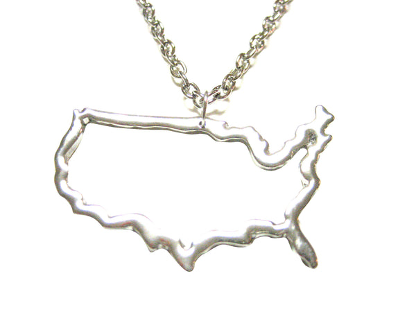 Silver Toned United States of America USA Map Outline Pendant Necklace