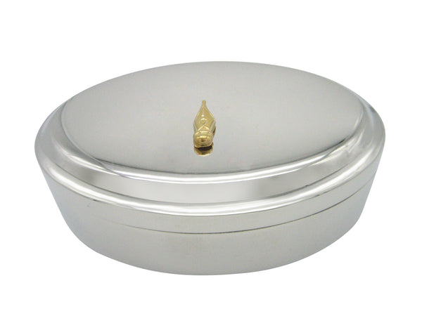 Vertical Gold Toned Fountain Pen Nib Pendant Oval Trinket Jewelry Box