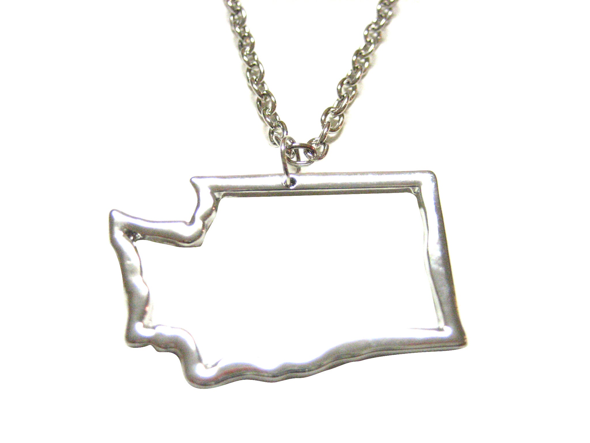 Silver Toned Washington State Map Outline Pendant Necklace