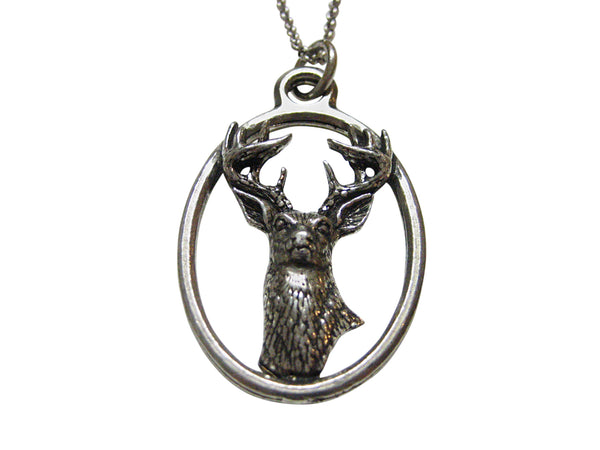White Tailed Stag Deer Head Large Oval Pendant Necklace