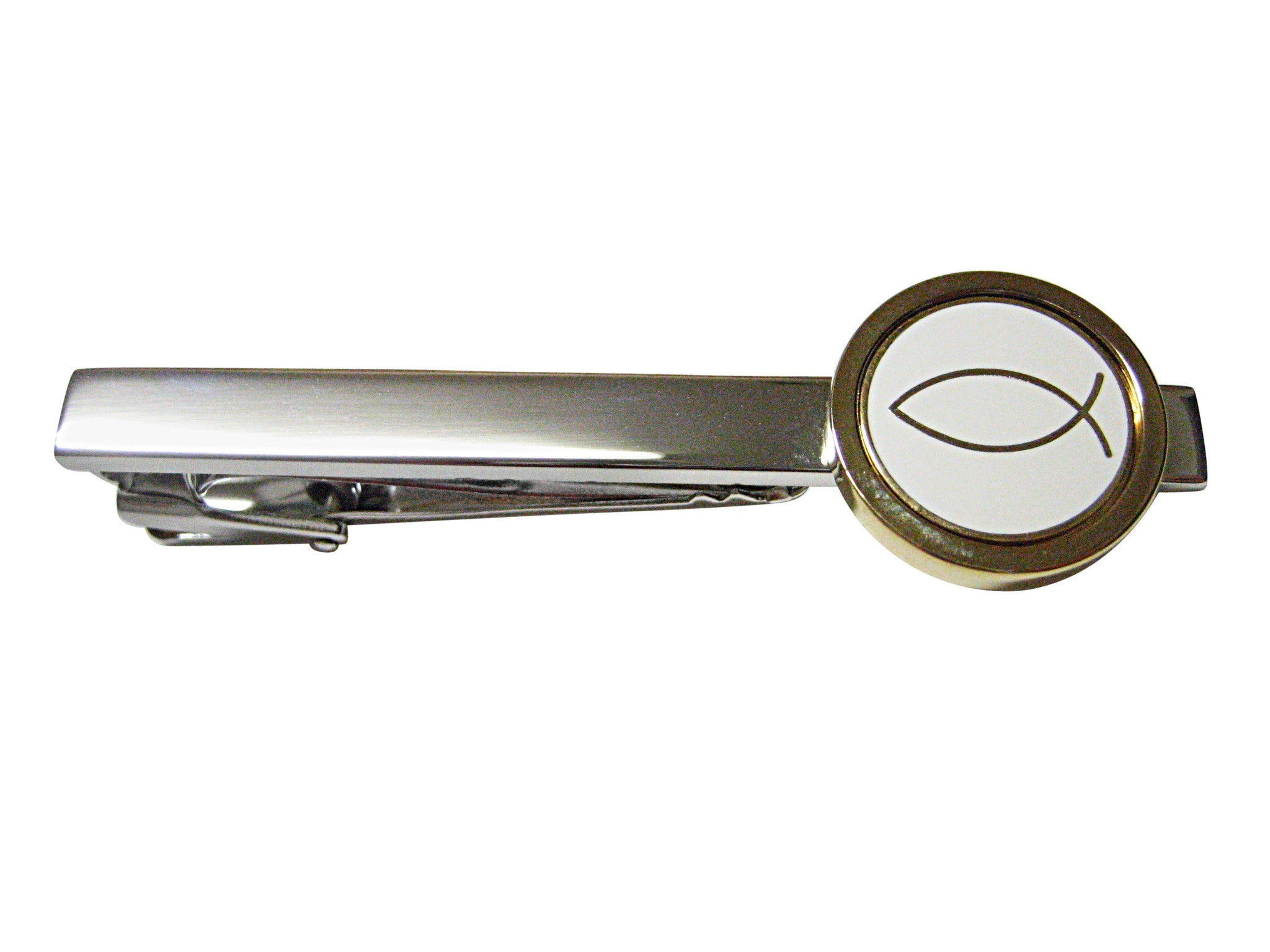 White and Gold Toned Religious Ichthys Jesus Fish Square Tie Clip