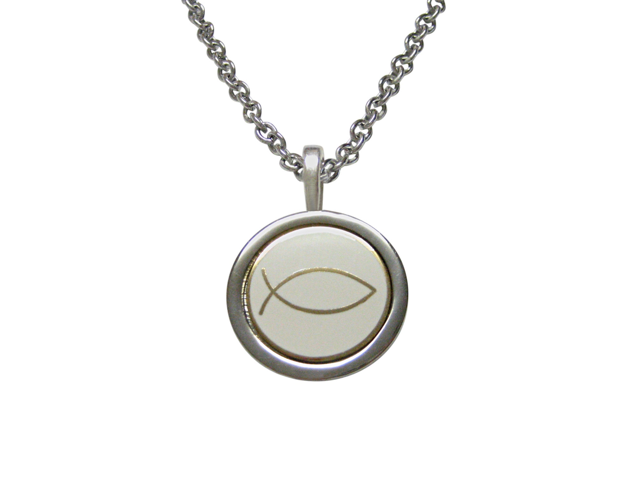 White and Gold Toned Religious Ichthys Pendant Necklace